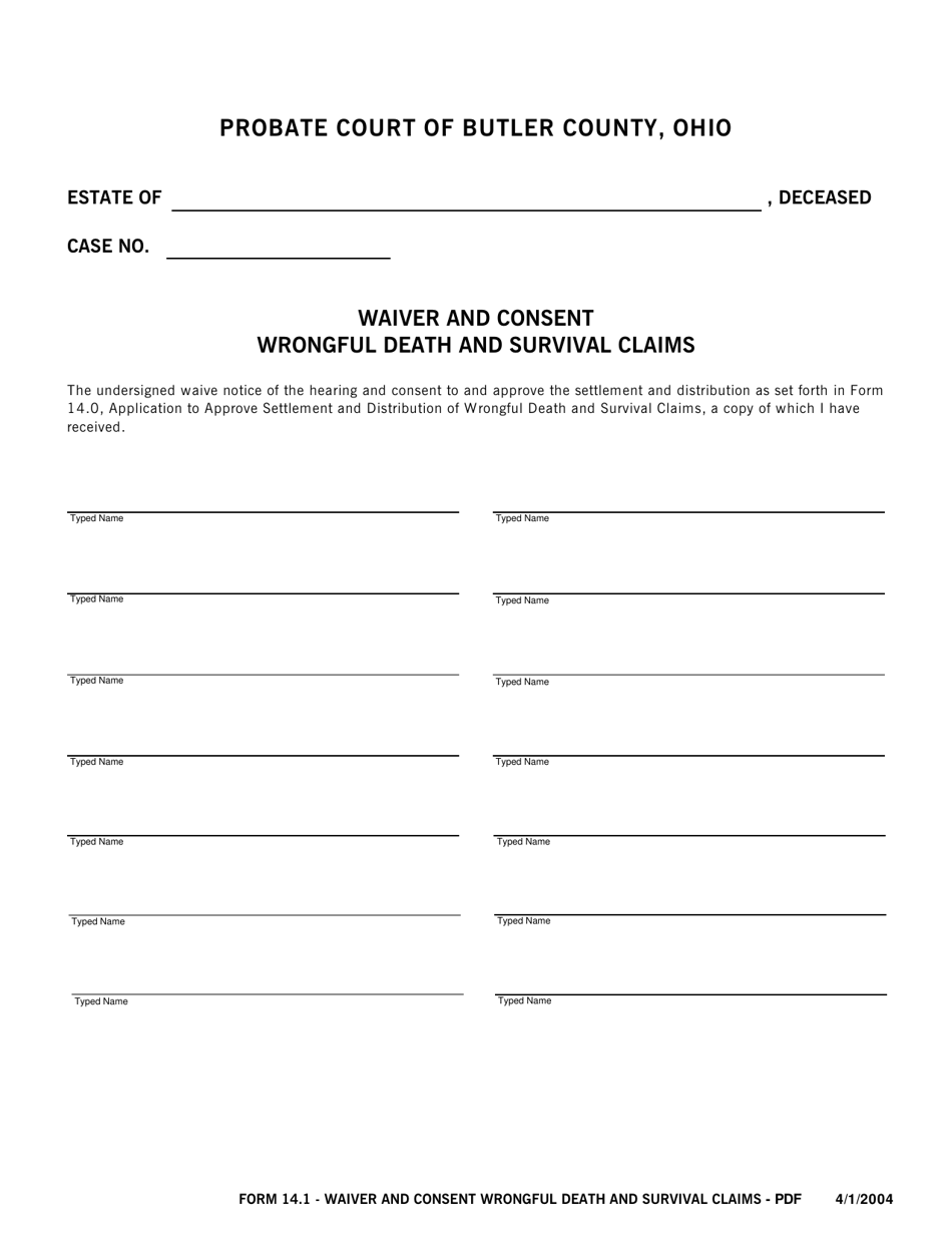 Form 14.1 Waiver and Consent Wrongful Death and Survival Claims - Butler County, Ohio, Page 1