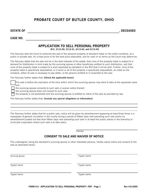 Form 9.0 Application to Sell Personal Property - Butler County, Ohio