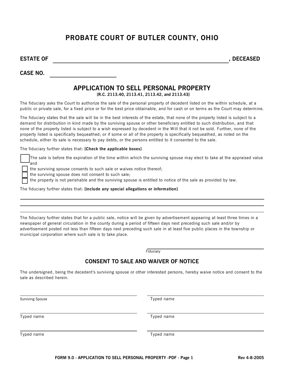 Form 9.0 Application to Sell Personal Property - Butler County, Ohio, Page 1