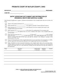 Document preview: Form 14.2 Entry Approving Settlement and Distribution of Wrongful Death and Survival Claims - Butler County, Ohio
