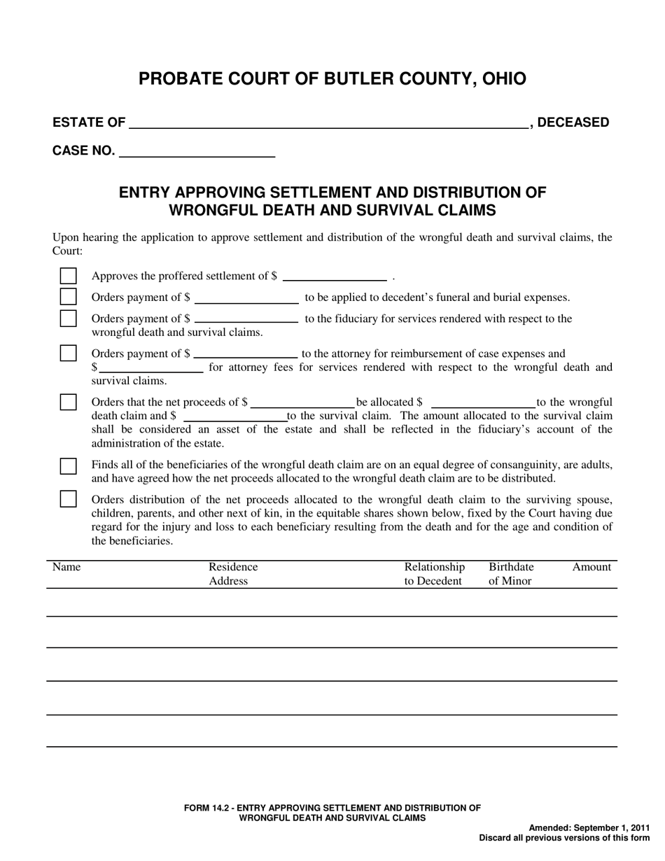 Form 14.2 Entry Approving Settlement and Distribution of Wrongful Death and Survival Claims - Butler County, Ohio, Page 1