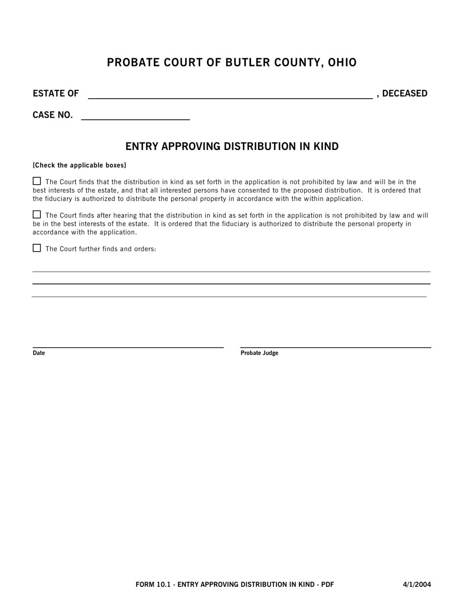 Form 10.1 Entry Approving Distribution in Kind - Butler County, Ohio, Page 1