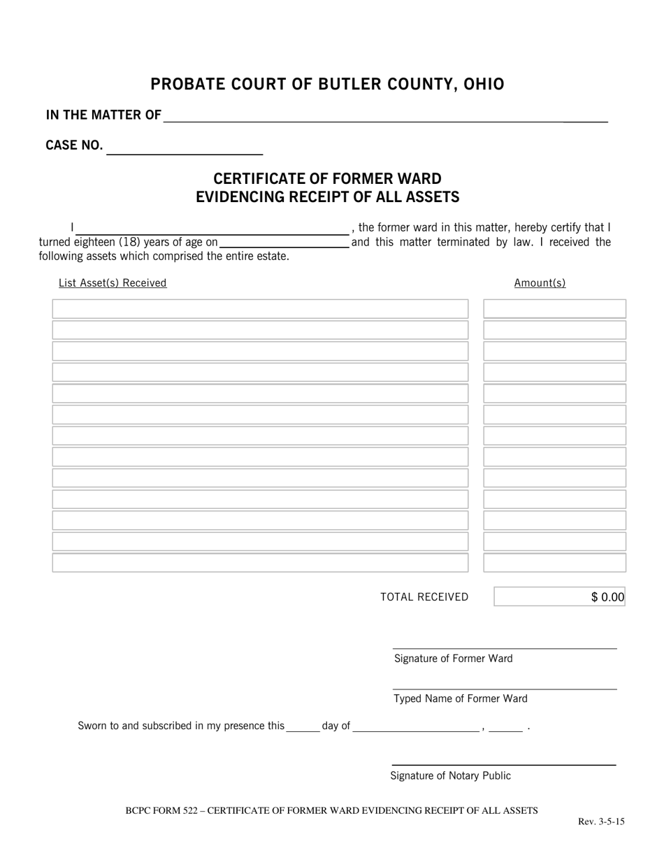 BCPC Form 522 Certificate of Former Ward Evidencing Receipt of All Assets - Butler County, Ohio, Page 1