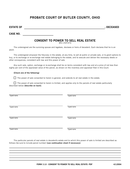 Form 11.0 Consent to Power to Sell Real Estate - Butler County, Ohio