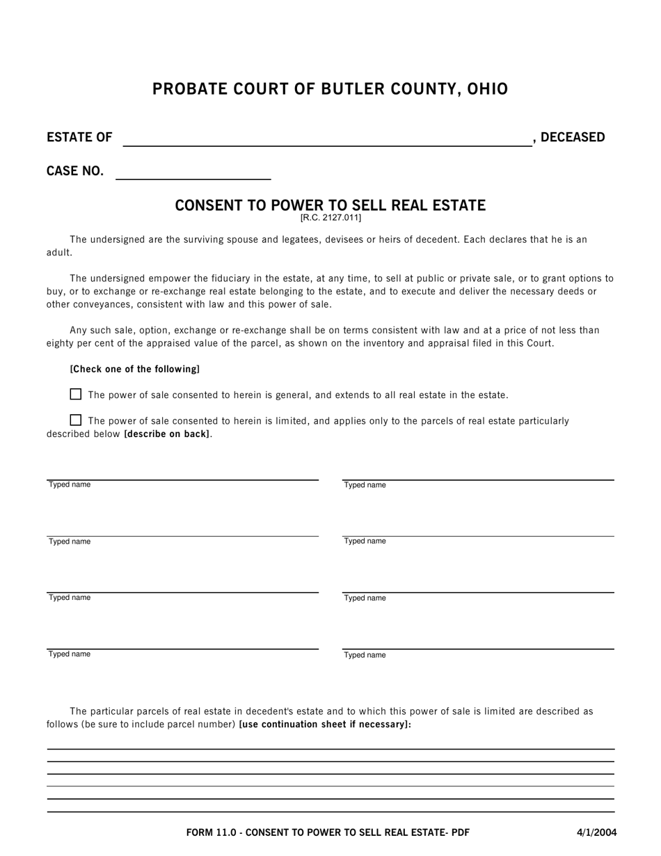 Form 11.0 Consent to Power to Sell Real Estate - Butler County, Ohio, Page 1