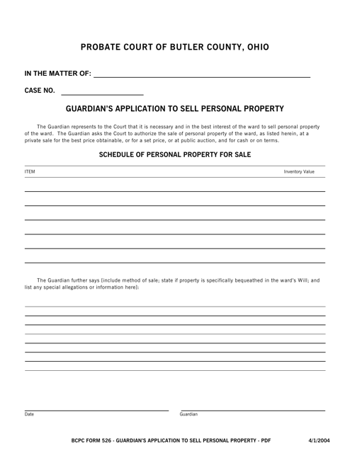 BCPC Form 526 Guardian's Application to Sell Personal Property - Butler County, Ohio