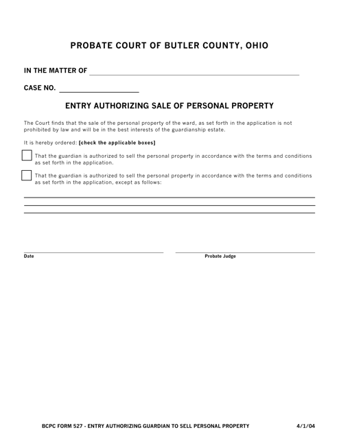 BCPC Form 527 Entry Authorizing Sale of Personal Property - Butler County, Ohio