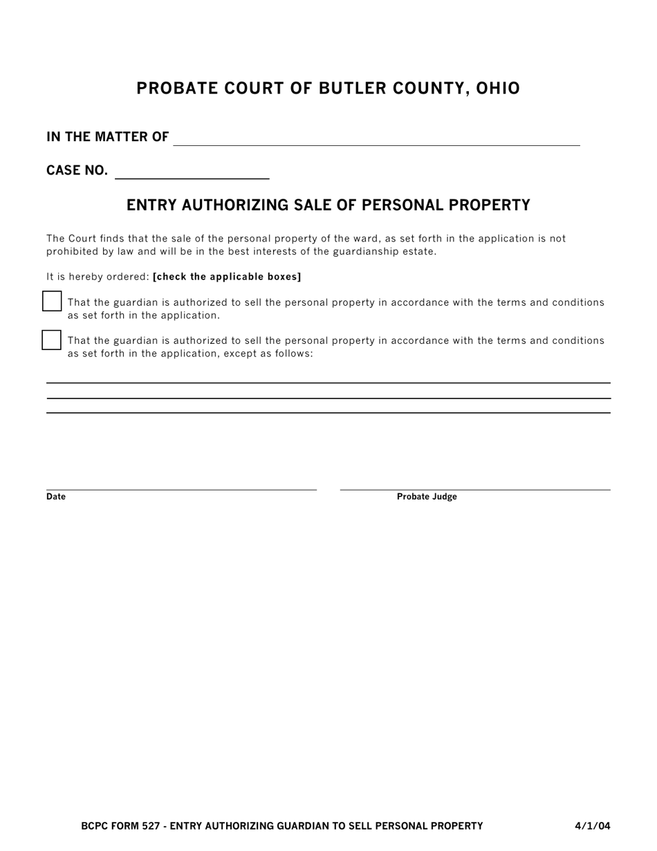 BCPC Form 527 Entry Authorizing Sale of Personal Property - Butler County, Ohio, Page 1