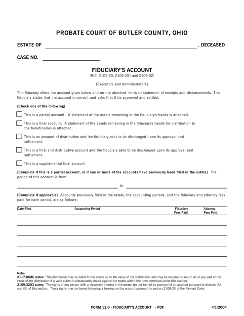Form 13.0 Fiduciary's Account - Butler County, Ohio