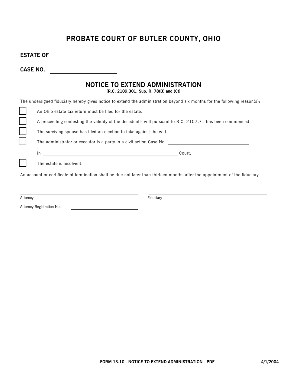 Form 13.10 Notice to Extend Administration - Butler County, Ohio, Page 1