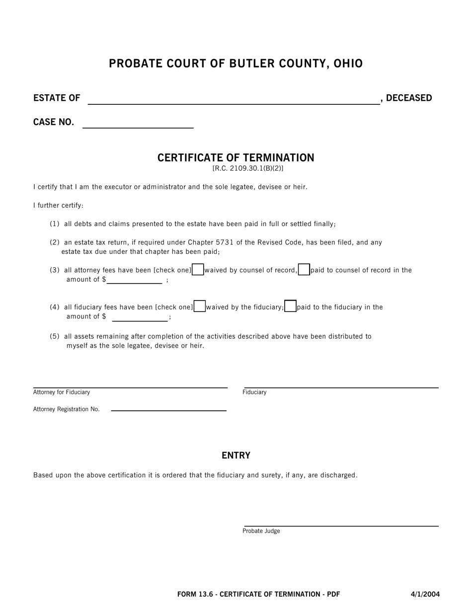 Form 13.6 Certificate of Termination - Butler County, Ohio, Page 1
