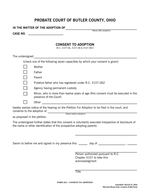 Form 18.3 Consent to Adoption - Butler County, Ohio