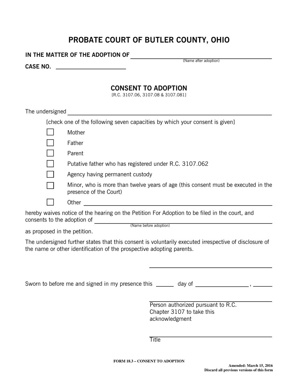 Form 18.3 Consent to Adoption - Butler County, Ohio, Page 1