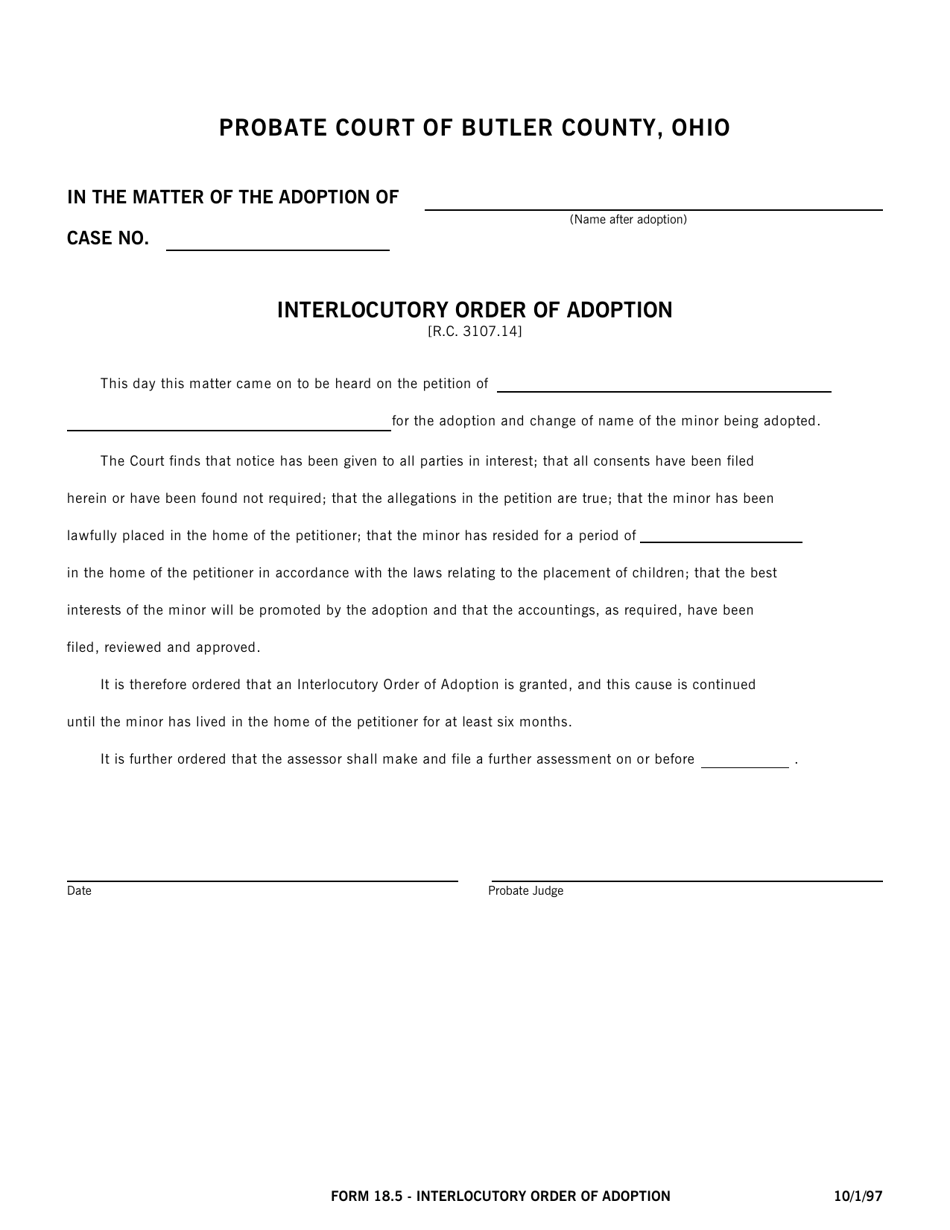Form 18.5 Interlocutory Order of Adoption - Butler County, Ohio, Page 1