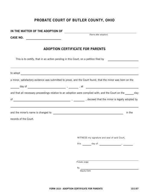 Form 18.8 Adoption Certificate for Parents - Butler County, Ohio