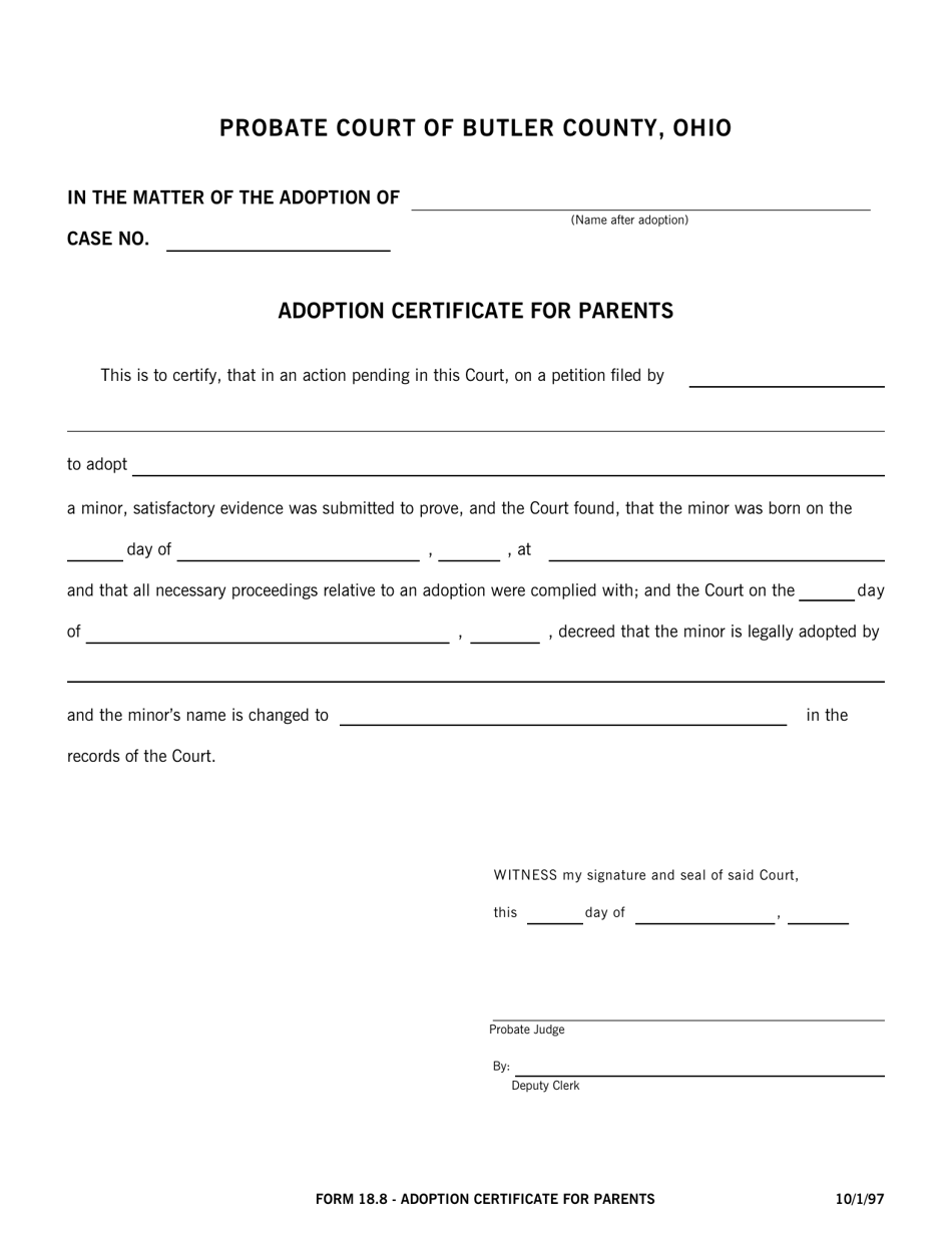 Form 18.8 Adoption Certificate for Parents - Butler County, Ohio, Page 1