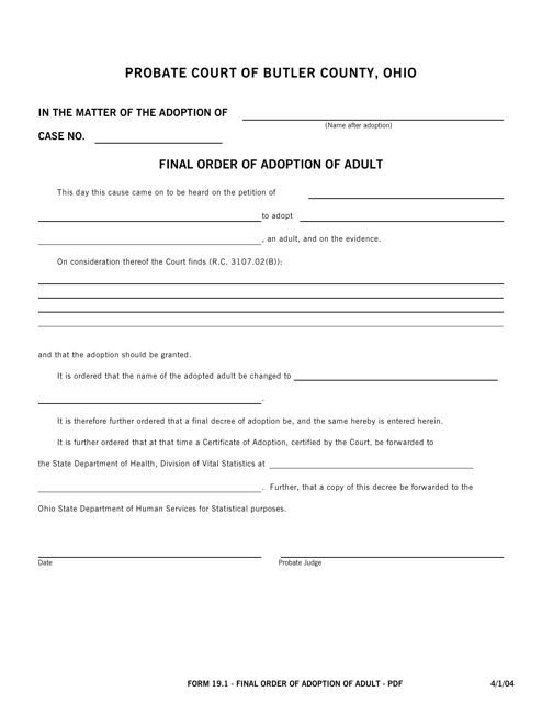 Form 19.1 Final Order of Adoption of Adult - Butler County, Ohio