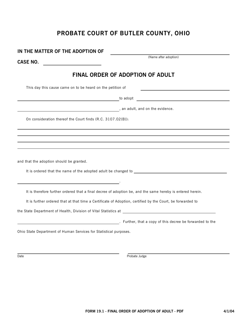 Form 19.1 Final Order of Adoption of Adult - Butler County, Ohio, Page 1