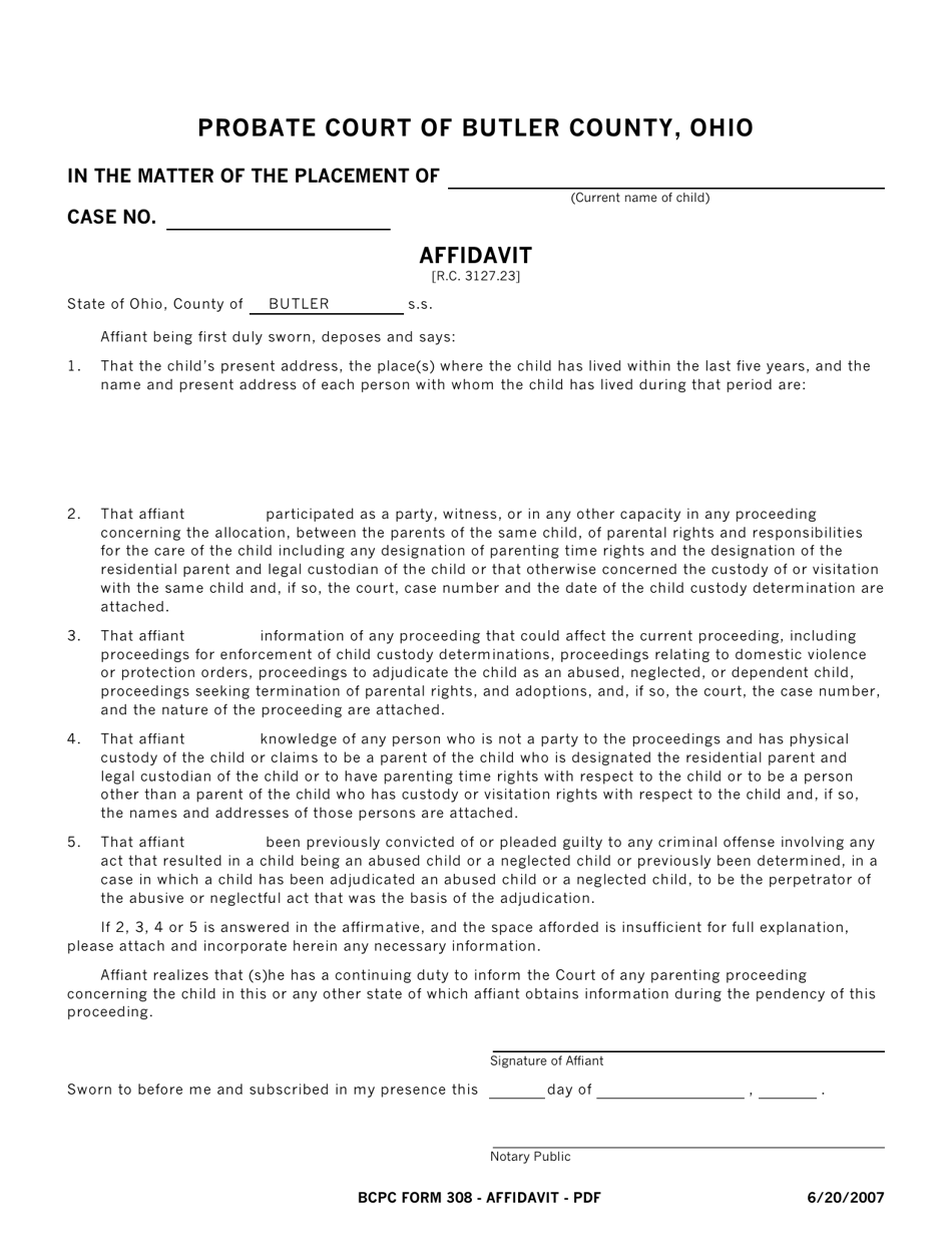 BCPC Form 308 Affidavit - Butler County, Ohio, Page 1