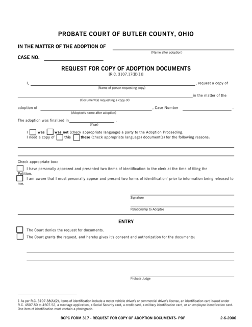 BCPC Form 317 Request for Copy of Adoption Documents - Butler County, Ohio