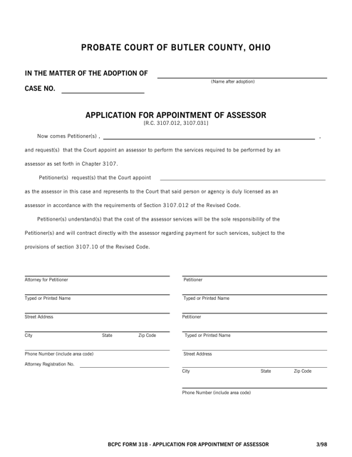 BCPC Form 318 Application for Appointment of Assessor - Butler County, Ohio