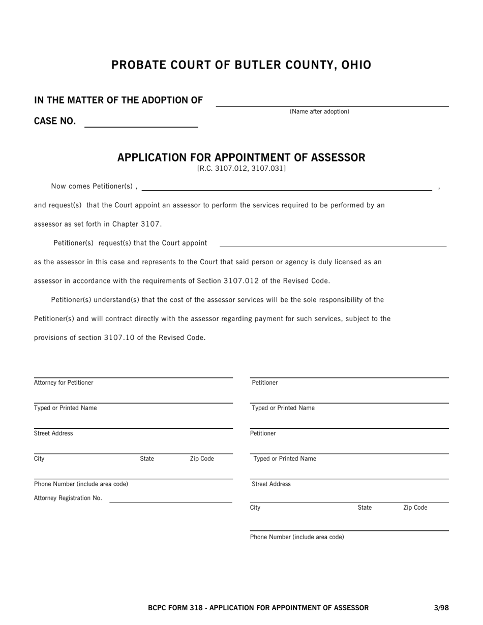 BCPC Form 318 Application for Appointment of Assessor - Butler County, Ohio, Page 1