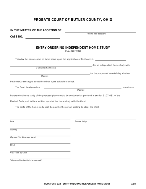 BCPC Form 322 Entry Ordering Independent Home Study - Butler County, Ohio