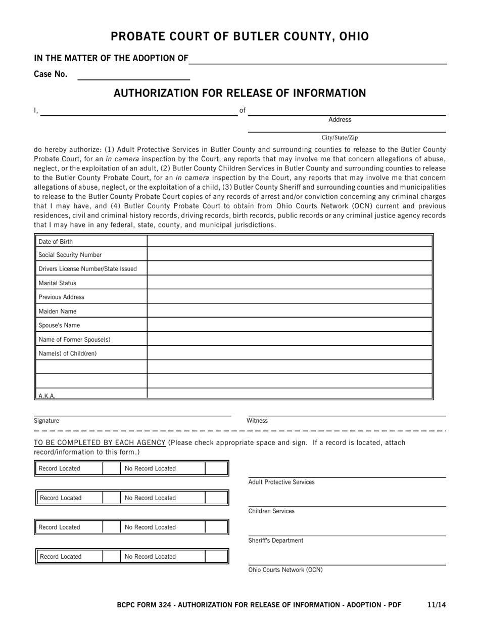 BCPC Form 324 Authorization for Release of Information - Butler County, Ohio, Page 1