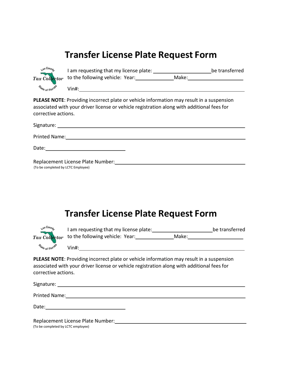 Lee County, Florida Transfer License Plate Request Form Download