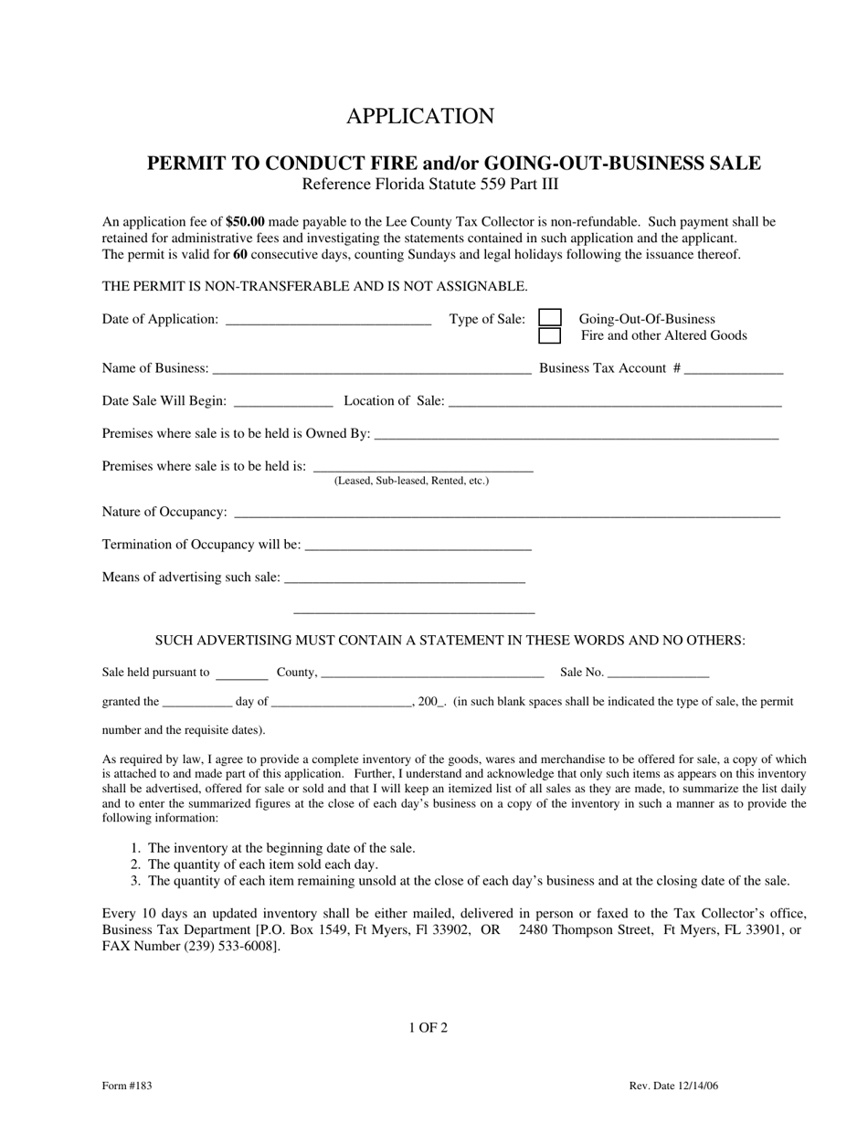 Form 183 Application for Permit to Conduct Fire and / or Going-Out-Business Sale - Lee County, Florida, Page 1