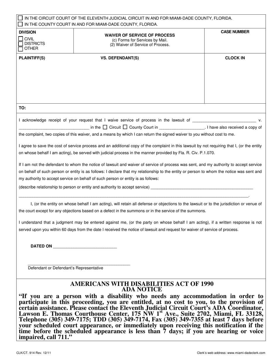 Form CLK/CT.914 Waiver of Service of Process - Miami-Dade County, Florida, Page 1