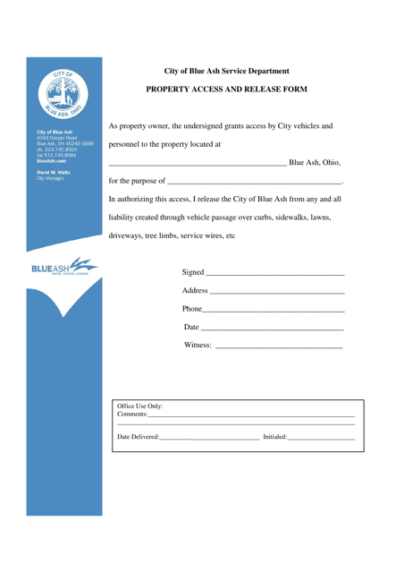 Property Access and Release Form - City of Blue Ash, Ohio Download Pdf