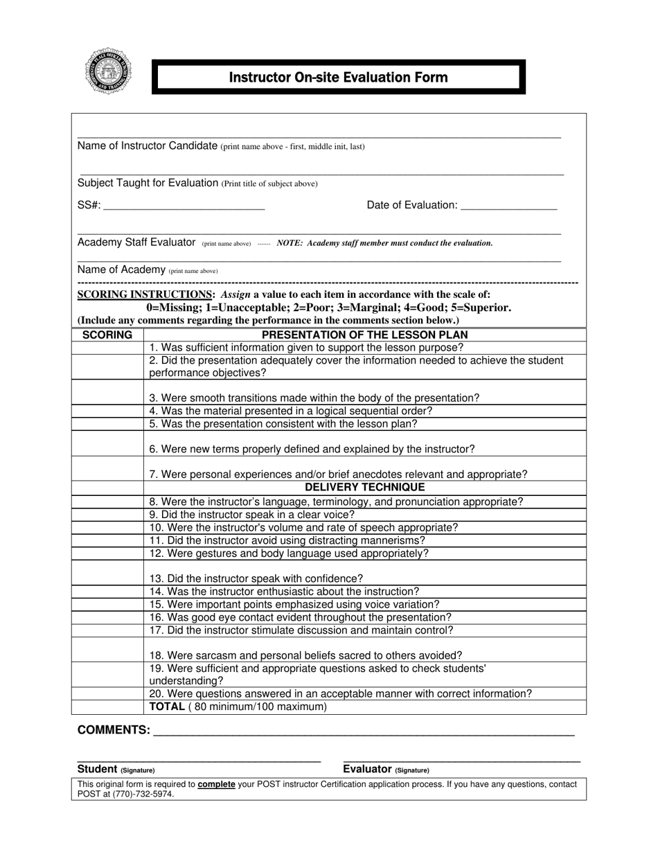 Instructor on-Site Evaluation Form - Georgia (United States), Page 1