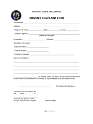 Document preview: Citizen's Complaint Form - City of Orlando, Florida