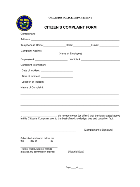Citizen's Complaint Form - City of Orlando, Florida