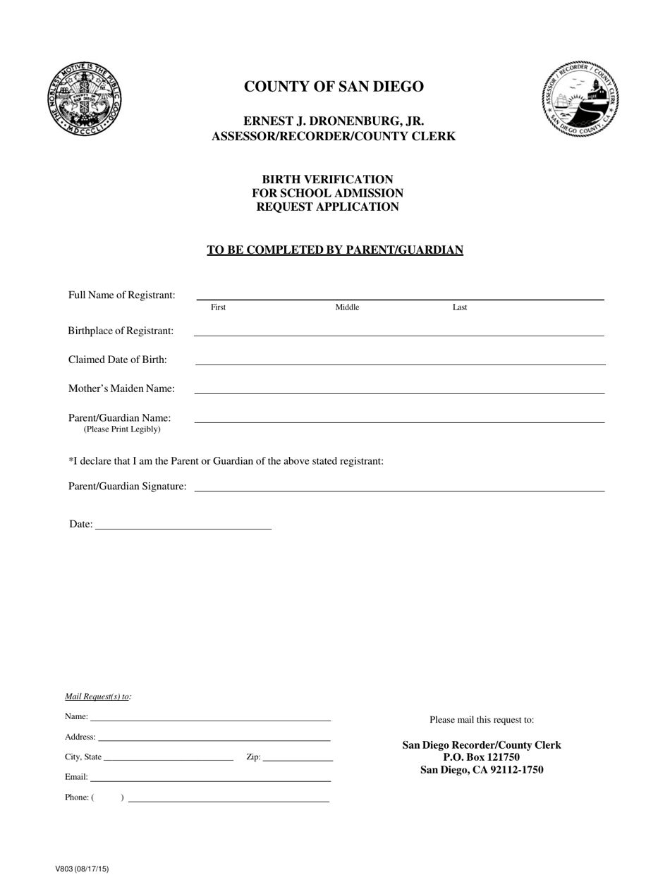 Form V803 Birth Verification for School Admission Request Application - County of San Diego, California, Page 1