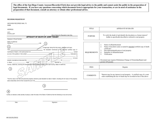 Document preview: Instructions for Affidavit of Death of Joint Tenant - County of San Diego, California