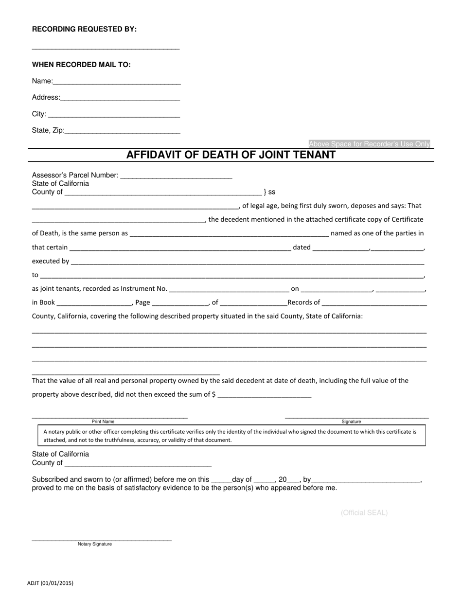Affidavit of Death of Joint Tenant - County of San Diego, California, Page 1