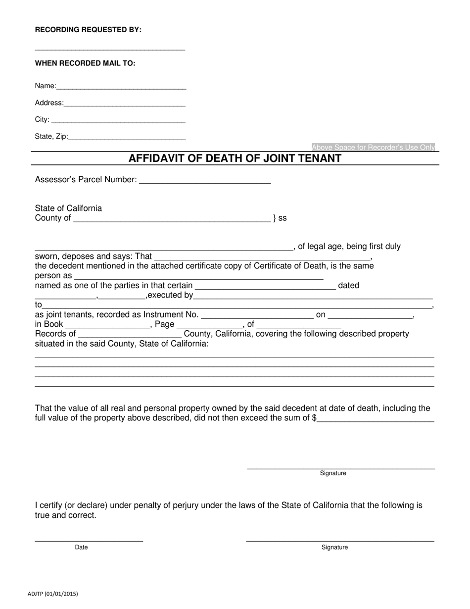 Affidavit of Death of Joint Tenant With Penalty of Perjury Form - County of San Diego, California, Page 1