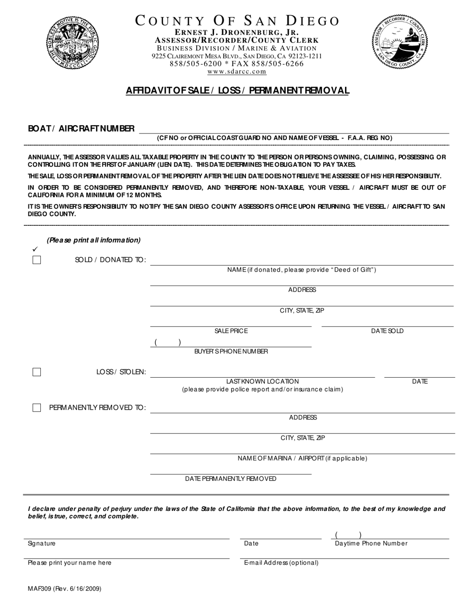 Form MAF309 Affidavit of Sale / Loss / Permanent Removal - County of San Diego, California, Page 1