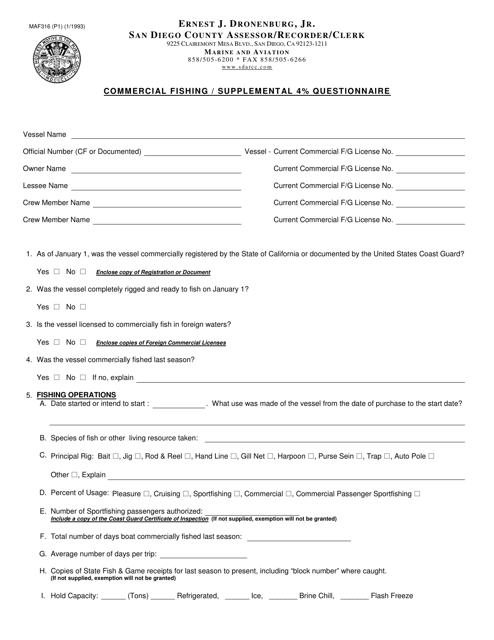 Form MAF316 Commercial Fishing/Supplemental 4% Questionnaire - County of San Diego, California
