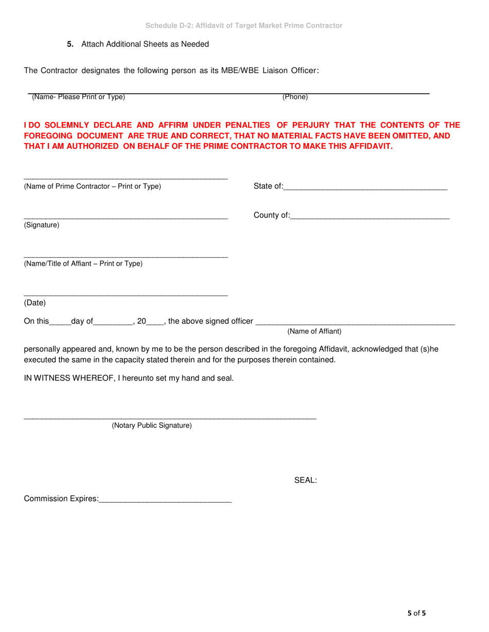 Schedule D-2 Affidavit of Target Market Prime Contractor - City of Chicago, Illinois, Page 5