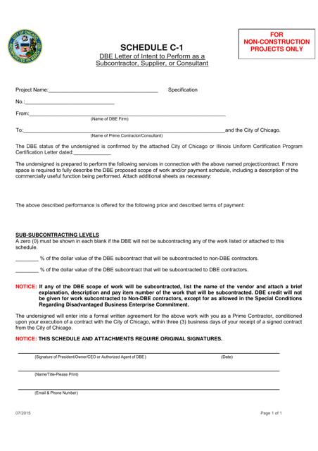 Schedule C-1 Dbe Letter of Intent to Perform as a Subcontractor, Supplier, or Consultant - City of Chicago, Illinois