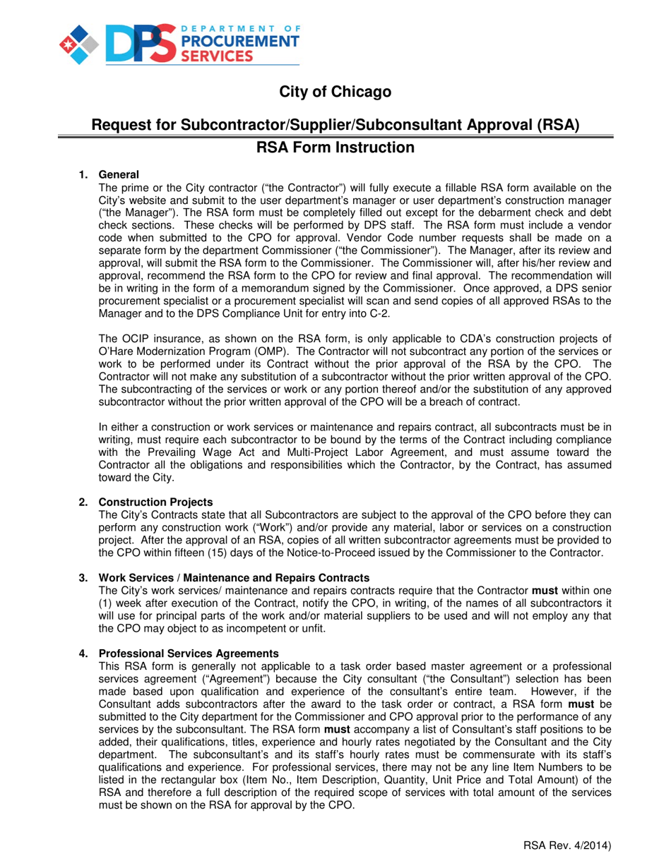 Request for Subcontractor Supplier / Subconsultant Approval (Rsa) - City of Chicago, Illinois, Page 1