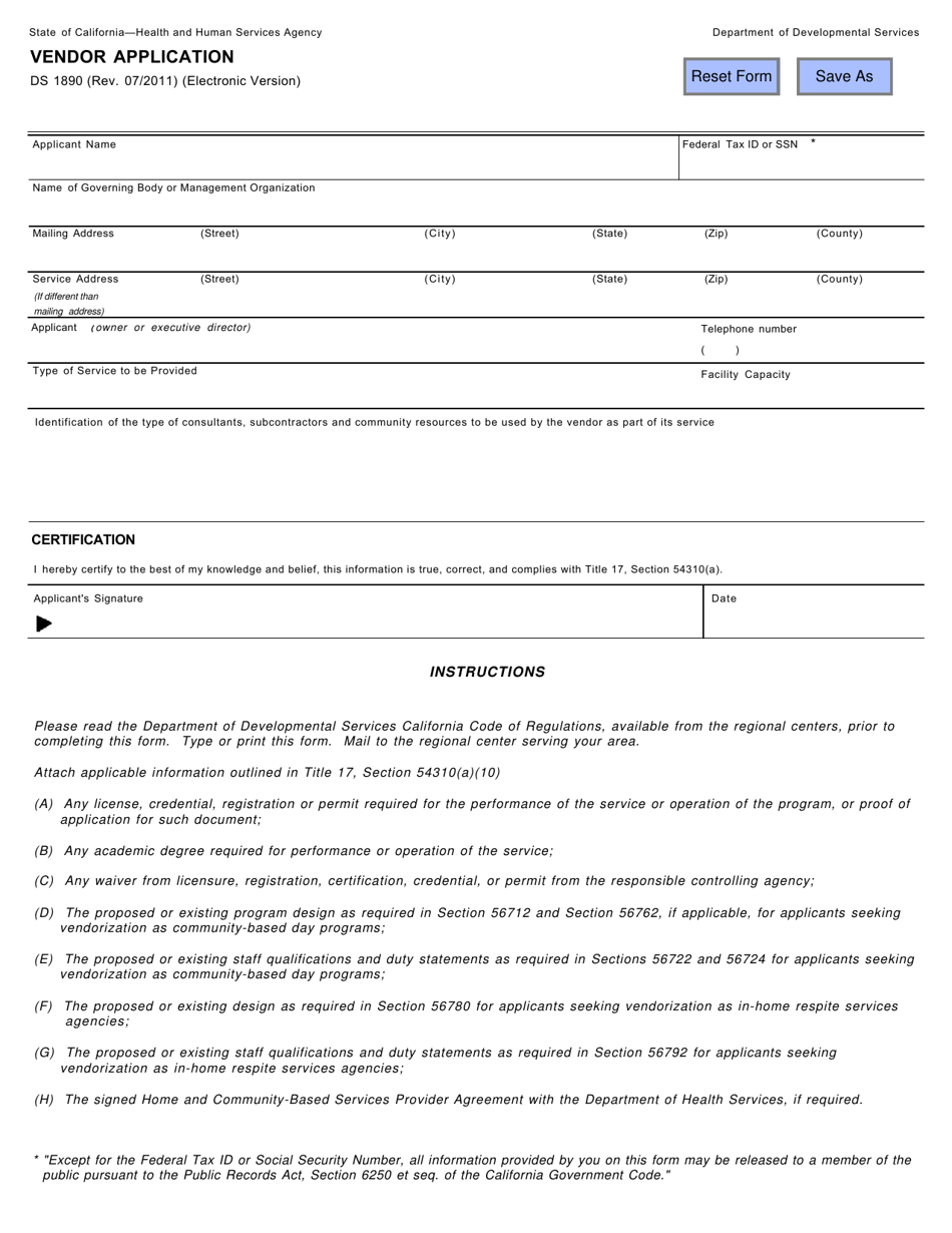 Form DS1890 Vendor Application - California, Page 1