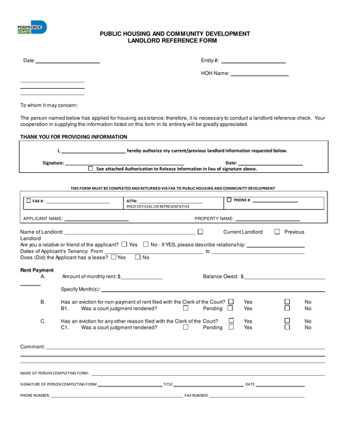 Landlord Reference Form - Miami-Dade County, Florida Download Pdf