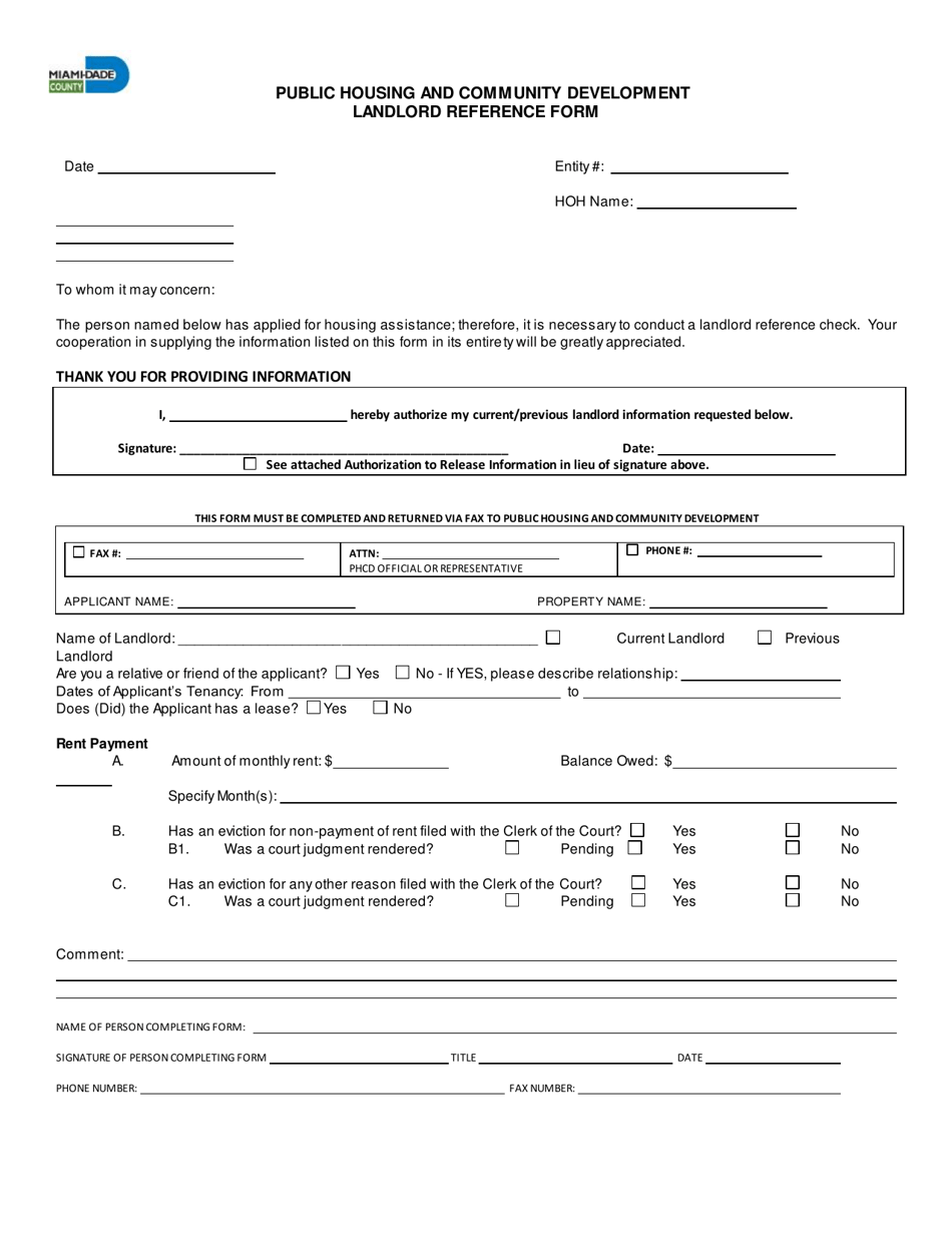 Landlord Reference Form - Miami-Dade County, Florida, Page 1