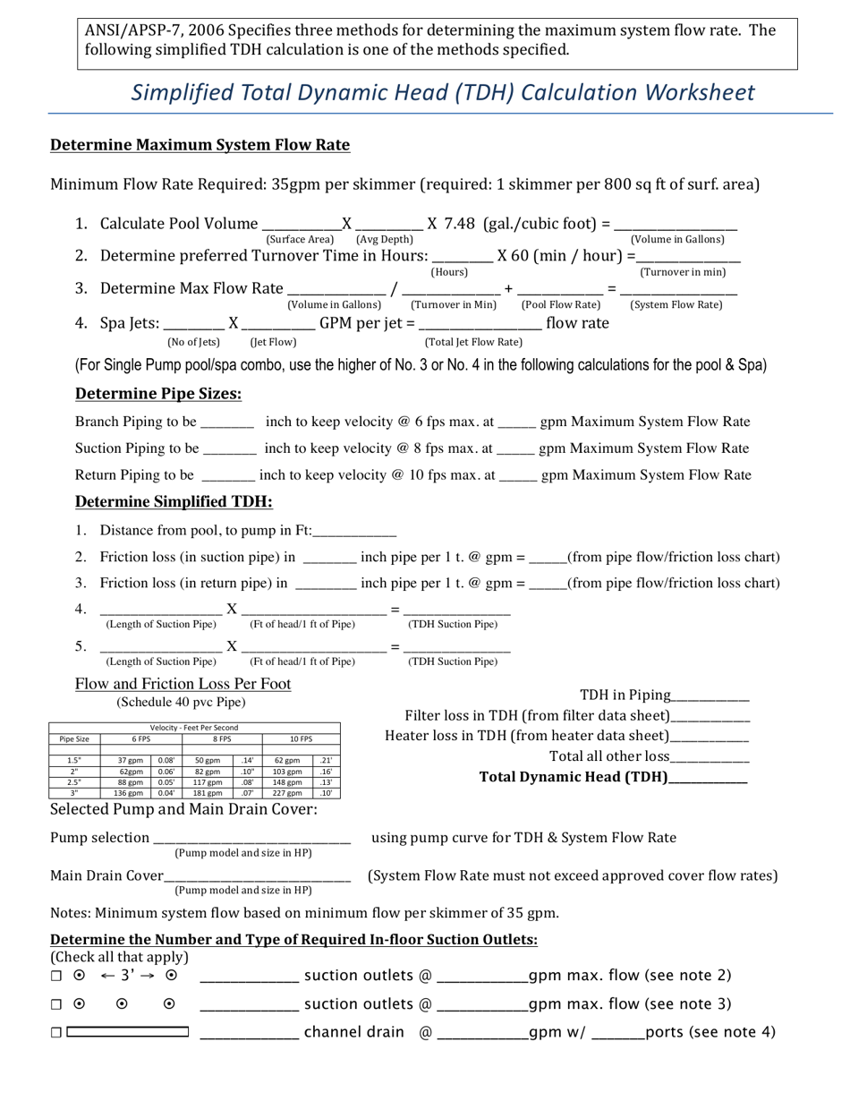Simplified Total Dynamic Head (Tdh) Calculation Worksheet - Volusia County, Florida, Page 1