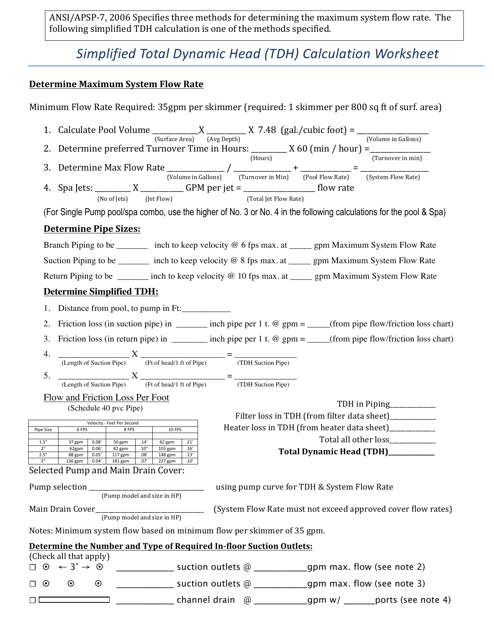 Simplified Total Dynamic Head (Tdh) Calculation Worksheet - Volusia County, Florida Download Pdf