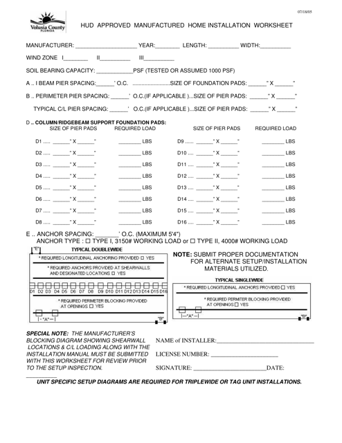 Hud Approved Manufactured Home Installation Worksheet - Volusia County, Florida Download Pdf